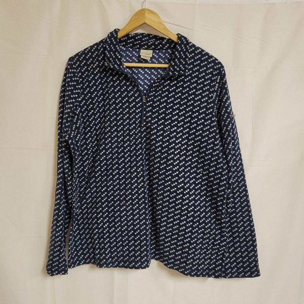 L.L. Bean Patterned Fleece Pullover Navy Blue Mock Neck Geometric Print L